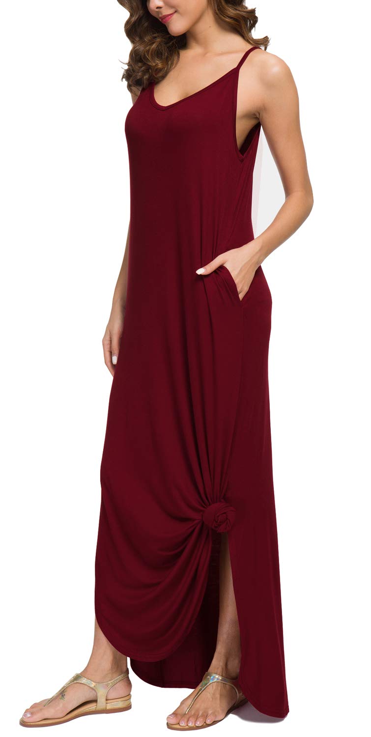 GRECERELLE Women's Summer Casual Loose Dress Beach Cover Up Long Cami Maxi Dress with Pocket Wine Red-Small - Image 3